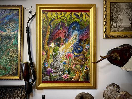 Mixed media artwork displayed on a wall, showcasing a vibrant green forest with a witch, a dragon, and various animals.