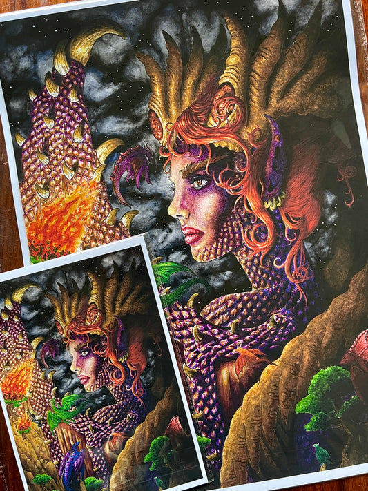 Fantasy Dragon Art: Mixed media masterpiece depicting a powerful Dragon Queen with swirling smaller dragons, created using watercolors, gouache, and colored pencils