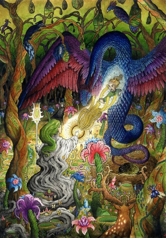Complete mixed media artwork portraying a witch and a dragon amidst a colorful green forest, with animals in the foreground and background.